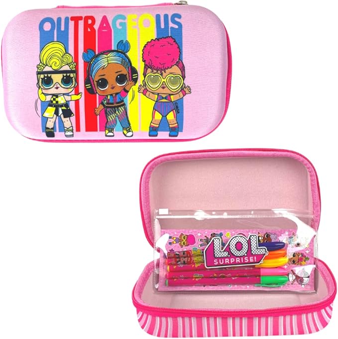 LOL Surprise Doll Pencil Case Set with LOL Stickers and Gel Pens for Girls, Molded with Zip Closure, Pink
