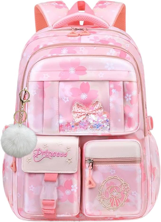 Kids Backpack School Bags for Girls, Cute Princess Backpack Multi-pocket Elementary School Students Bookbag for Girls, Pink