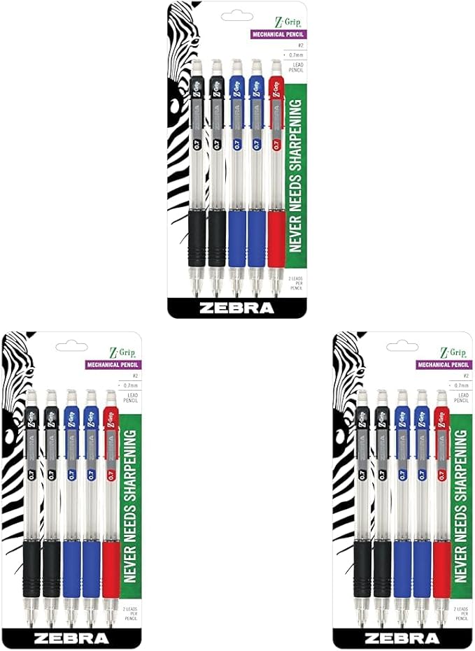Zebra Pen Z-Grip Mechanical Pencil, 0.7mm Point Size, HB #2 Graphite, Assorted Grip Colors, 5-Count (Pack of 3)