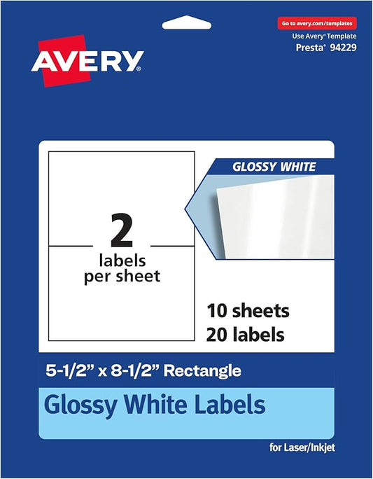 Avery Glossy White Rectangle Labels, 5.5" x 8.5", 20 Glossy White Labels, Permanent Adhesive, Laser/Inkjet Printable