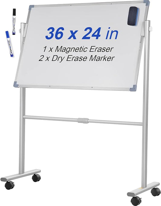 VEVOR Mobile Magnetic Whiteboard, 36 x 24 Inch, Double Sided, 360 Degree Reversible Rolling Dry Erase Board, Height Adjustable with Aluminum Frame and Lockable Swivel Wheels, for Office School Home
