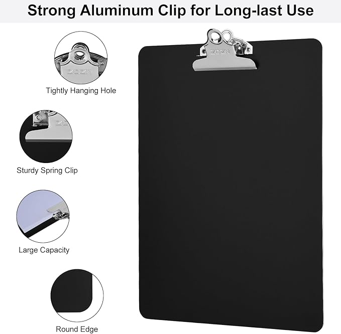 ZCZN Metal Clipboard, 12 x 9 Inches Heavy Duty Aluminum Clipboards, A4 Letter Sizer Document Holder with High Capacity Clip, Suitable for School, Office, Jobsite or Medical Staff (Black)