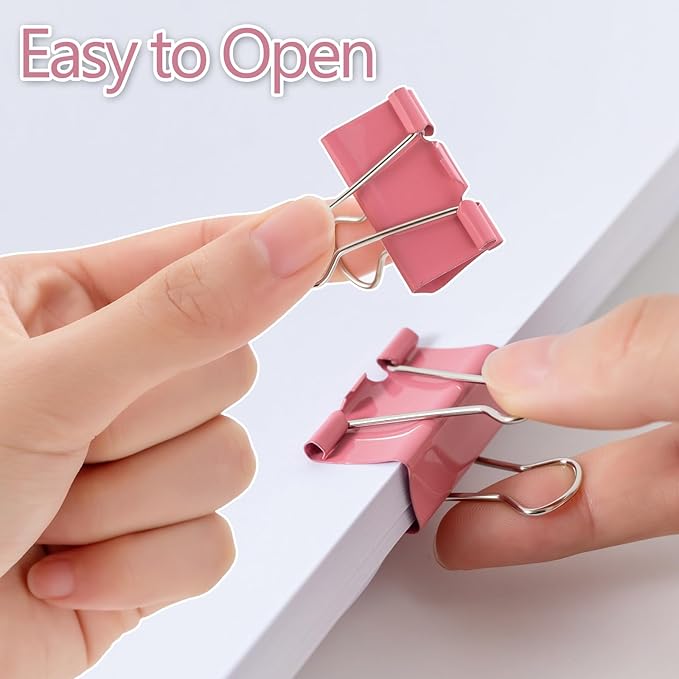 Binder Clip Paper Clamps, Assorted Sizes (Mini, Small, Medium, Large), 100 Pcs Clips for Office School Supplies (Pink)