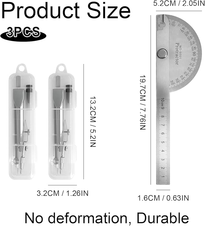 Protractor and Compass Set - 10cm (3.94 Inch) Stainless Steel Angle Finder with 2 Metal Compasses, 180° Adjustable Two Arm Ruler for Geometry, Woodworking, Engineering & School Supplies