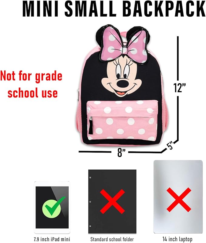 Disney Minnie Mouse Mini Backpack with Lunch Box Set - Bundle of 12" Backpack, Lunch Bag, Stickers, Water Bottle, More | Toddler Minnie School Supplies