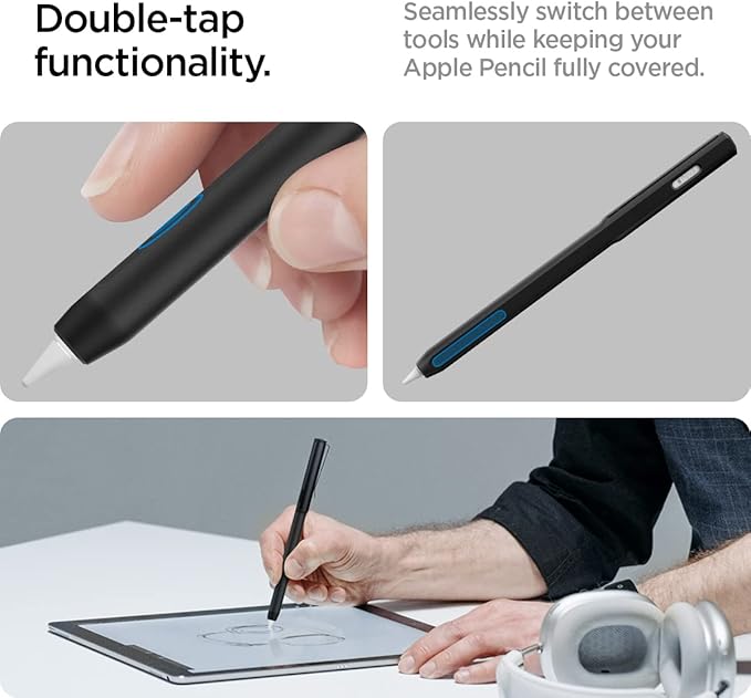 Spigen DA201 Apple Pencil Protective Case for Apple Pencil Pro and Apple Pencil 2nd Generation, Cover Sleeve with Clip and Grip, Compatible with Magnetic Charging and Double Tap - Black