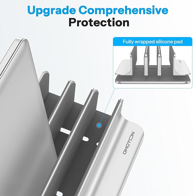 OMOTON 3-Slot Vertical Laptop Stand, Desktop Aluminum Stand for MacBook with Adjustable Dock Size, Fits All MacBook, Surface, Chromebook and Gaming Laptops (Up to 17.3 inches), Bright Silver