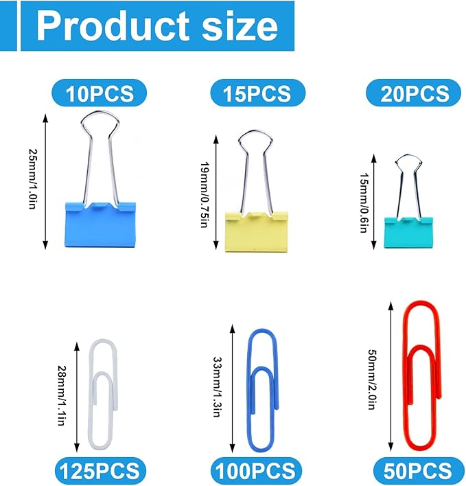 320PCS Paper Clips Binder Clips,Colored Paperclips and BinderClips Assorted Sizes(S/M/L),Colored Office Clips Set,Paper Clamps,Colorful Binder Clips for Office School Supplies Document Organizing