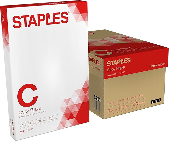 Staples Copy Paper, 11" x 17", 92 Brightness, 20 lbs., Ledger Size Paper, For Office, School & Home