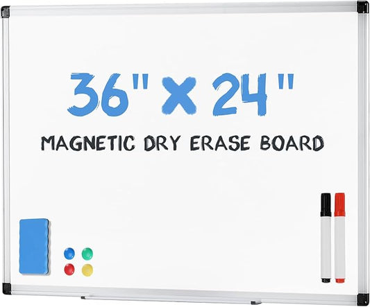 DUMOS Magnetic White Board Kit for Wall 36" x 24", Dry Erase Board with 1 Dry Eraser & 2 Multicolor Markers & 4 Magnetic Pins, Reinforced Aluminum Frame for Home, School, Office