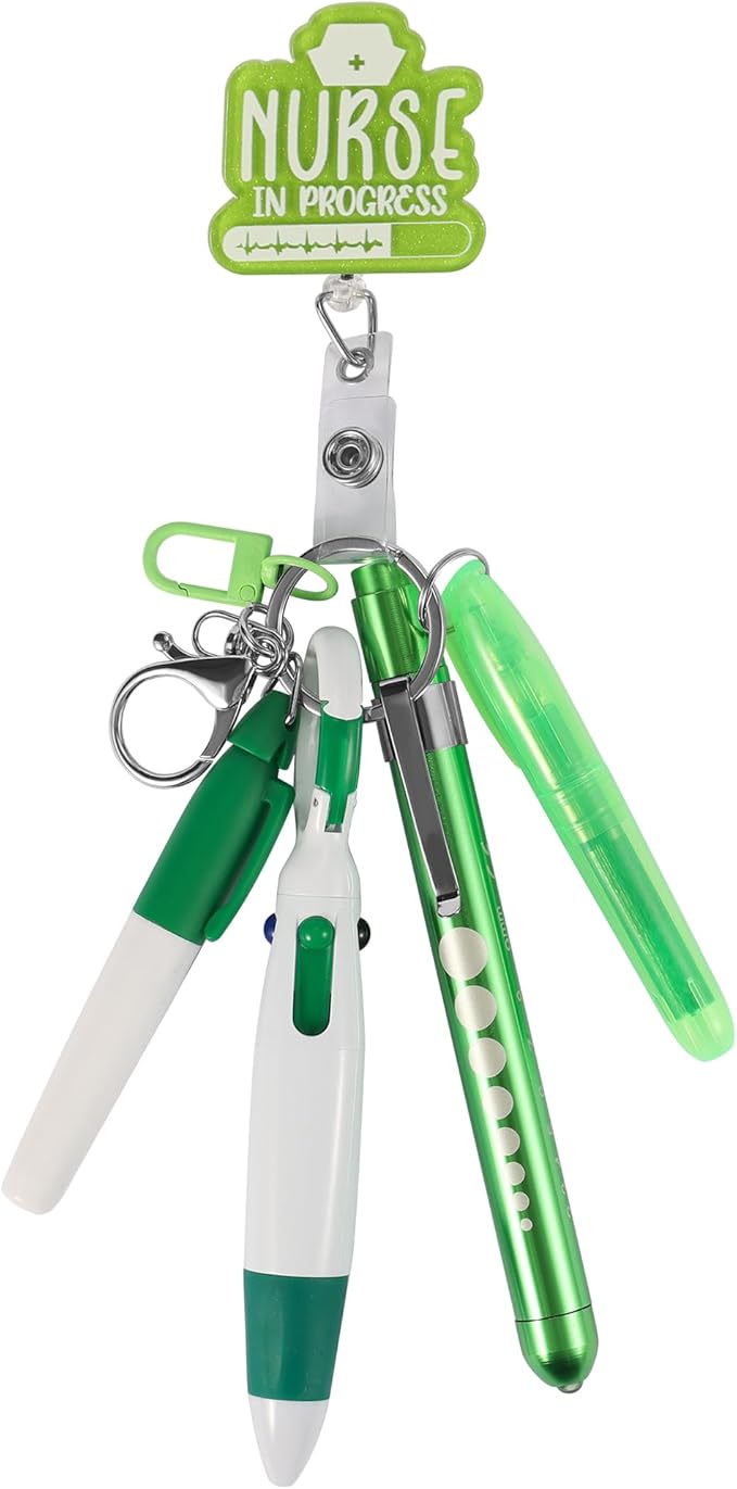 Student Nurse Pen Set Badge Reel Holder Accessories Clip, Retractable Mini Nursing Pen & Light Tool Set， Highlighter pens and Highlighter pens（Green）