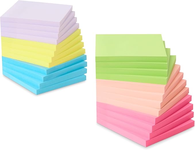 Amazon Basics Square Sticky Notes, Self-Stick Pads, 3 x 3 inches, Assorted Colors, 24-Pack