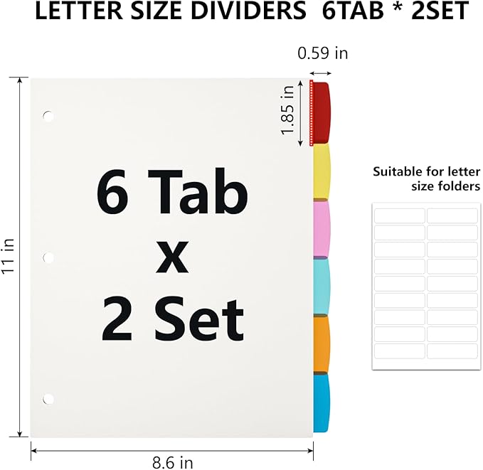 Binder Dividers with Tabs, White Sheet Protectors for 3 Ring Binder, 3 Hole Punch Dividers in 6 Color Tab Page Protectors, 3 Ring Binder Dividers with Tabs, 2 Set 12 Pcs, White