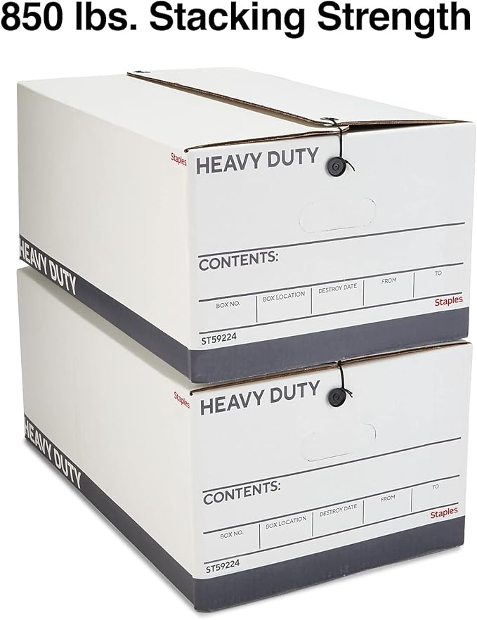 STAPLES Heavy Duty File Box, String and Button Lid, Legal, White/Gray, 4/Pack