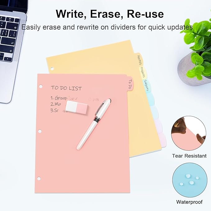 24 Count/3 Sets Write & Erase Binder Dividers with Tabs, Plastic 8 Tab Dividers for 3 Ring Binder Letter Size, Separators for Student School Home Office Document Organizer, Pastel