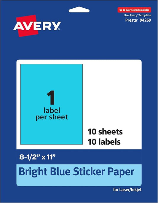 Avery Printable Sticker Paper, 8-1/2" x 11", Full-Sheet Labels, Bright Blue Labels, Laser/Inkjet Printable, 10 Total, Great for Packaging and Stickers