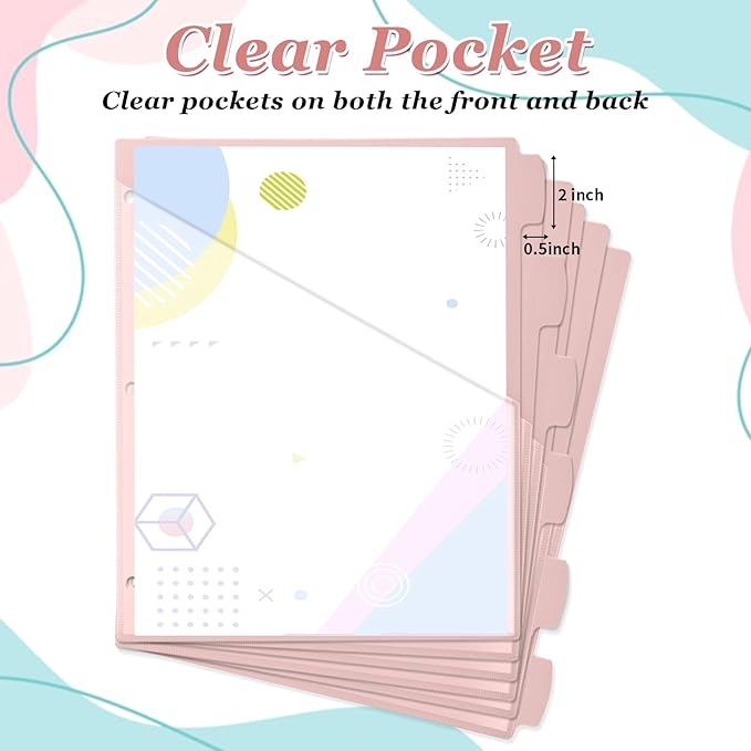Epakh 12 Pcs Binder Dividers for 3 Rings Binders Index Dividers with Two Clear Pockets Plastics Sheets Protectors with Tab Labels for School Office Organization (Pink)