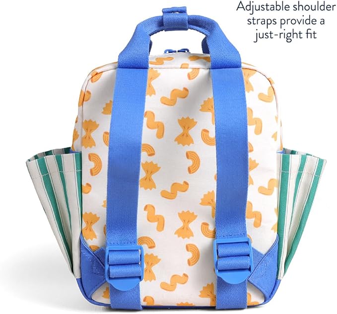 Itzy Ritzy Toddler Backpack - Daycare Bag - Features Adjustable Shoulder Straps, 2 Side Pockets & Spacious Interior with Wipeable Fabric Lining & Name Label, Pasta