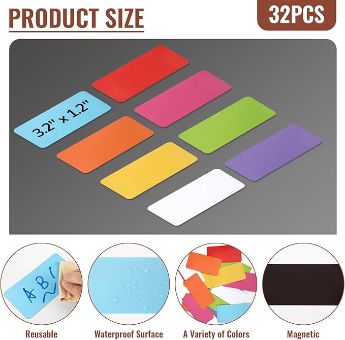 72 Pcs Dry Erase Magnetic Labels, 3.2 x 1.2 Reusable Writable Magnetic Name Tags Magnetic Label Stickers for Whiteboard, Refrigerator, Locker Classroom Office Home (8 Colors)