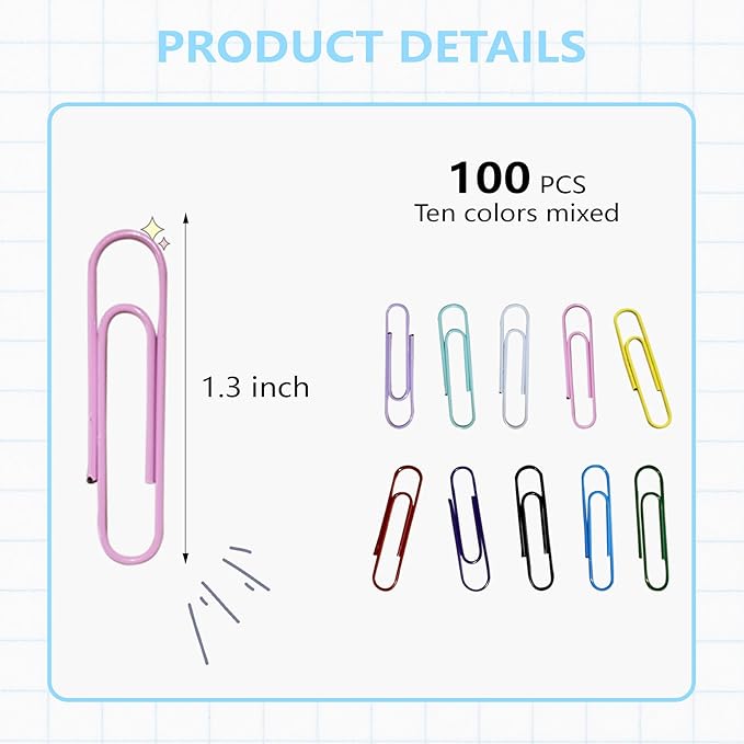 Paper Clips, 100-PCS PaperClips Assorted Sizes, 8 Colored Paper Clips Medium, Binder Clips Paperclips Assorted Sizes Set for Home School Office Supplies (100, Medium)