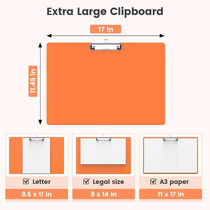 Extra Large 11x17 Clipboards, Plastic Orange Drawing Boards, Horizontal Clip Board, Landscape Layout. Suitable for Watercolor, Sketching, Painting. Art & Drafting Supply