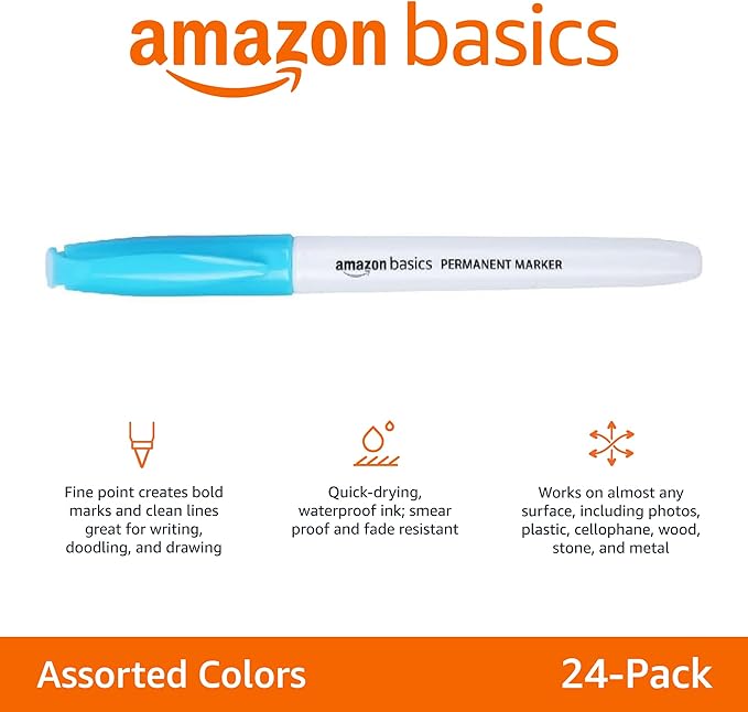 Amazon Basics Fine Tip Permanent Markers for Office, School, and Home Use, Assorted Colors, 24 Pack
