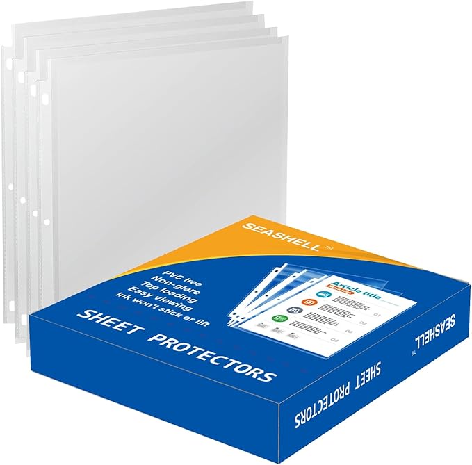 Seashell 300PCS Non-Glare Sheet Protectors 8.5 x 11, Page Protectors Reinforced 3 Holes, 2 Mil Thick Top Loading Page Protectors, Plastic Sleeves for 3 Ring Binder, Acid Free & Archival Safe