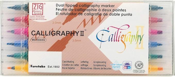 Kuretake Zig Calligraphy 2 Dual Tip Markers 6 Colors Set, 2mm, 3.5mm, Square Tips, Photo-Safe, for Beginners, Made in Japan