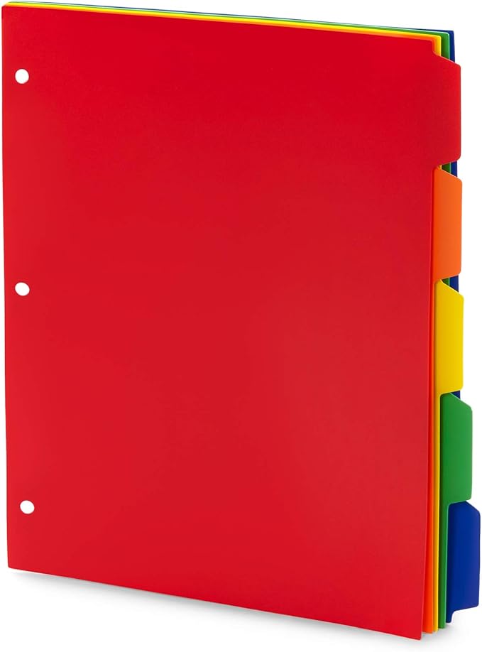 Blue Summit Supplies 5 Tab Heavy Duty Plastic Dividers for 3 Ring Binder, 15 Pack, Assorted Colors, 5 Tab Index Plastic Binder Dividers with Tabs and 3 Hole Punch, for Notebooks, Letter Size