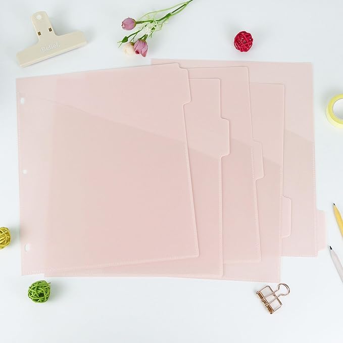 Koqye Binder Dividers with Pockets - 5 Plastic Dividers for 3 Ring Binders - A4 Bividers with Pocket & Tabs for Planners (Pink - 5 Tabs)