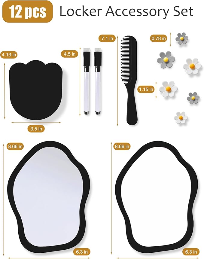 KEYDUACU 12 pcs Girls Locker Accessories, Locker Decorations Including Mirrors, whiteboards, Magnets and organizing Supplies. Ideal for Back-to-School Essentials and The Office (13 pcs-Black)
