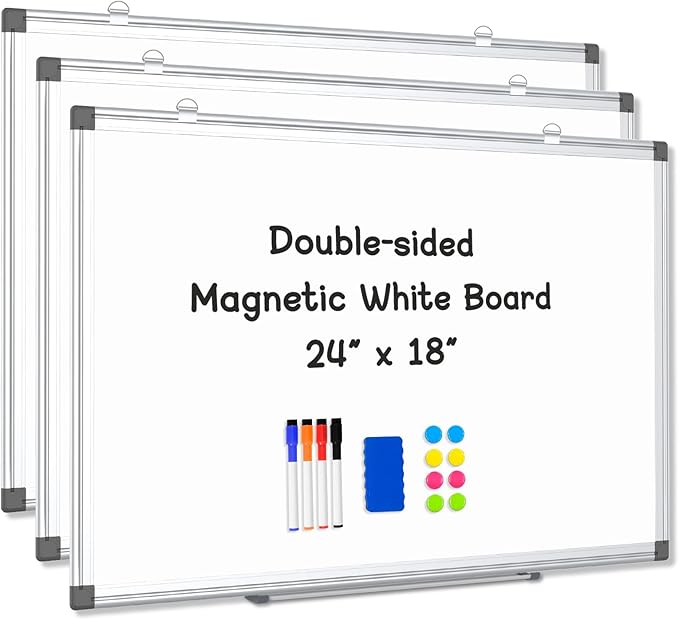 3 Pack Double-Sided Magnetic Whiteboard, 24" x 18" Dry Erase Board, Aluminum Frame White Board for Wall, Hanging Mounting White Board Dry Erase Marker Board for Office, School, Home