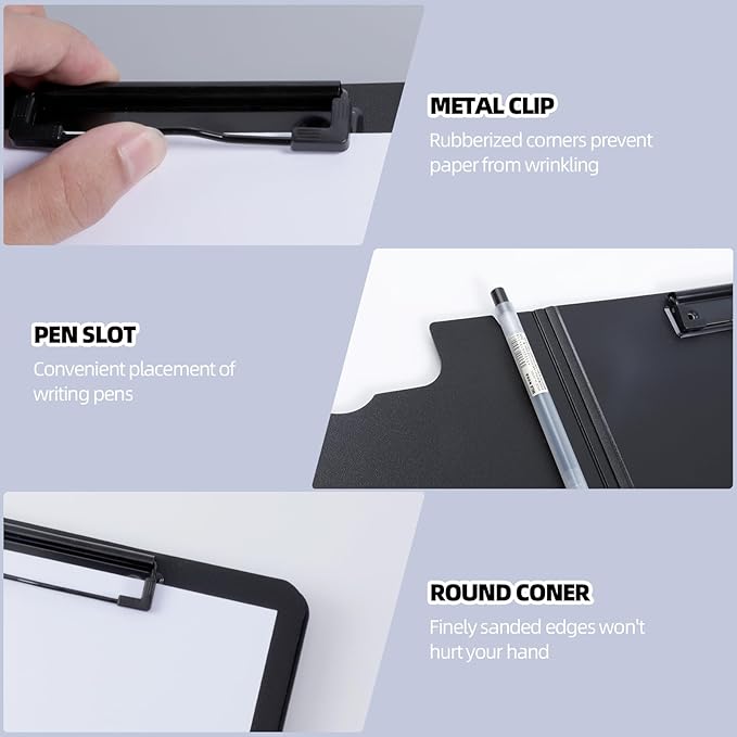 Clipboard Folder, 5 Pack A4 Foldable Clipboard with Horizontal and Vertical Double Metal Clips, 360 Degree Foldable Binder Clipboards with Pen Holder, File Cover Folder Clipboards, Black