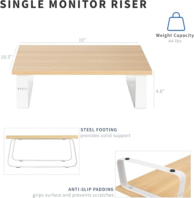 VIVO 15 inch Monitor Stand, Wood and Steel Desktop Riser, Screen, Keyboard, Laptop, Small TV Ergonomic Desk and Tabletop Organizer, Light Wood, STAND-V000WS