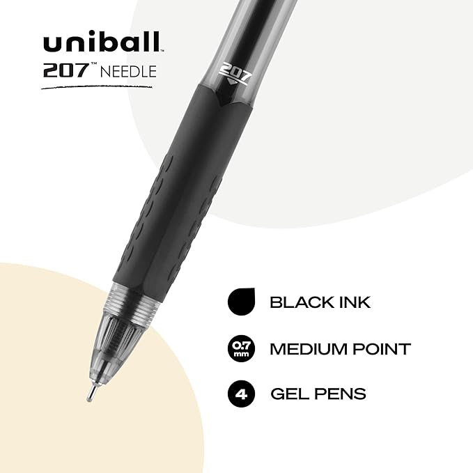 uniball 207 Needle Retractable Gel Pens, Medium Point (0.7mm), Black, 4 Pack