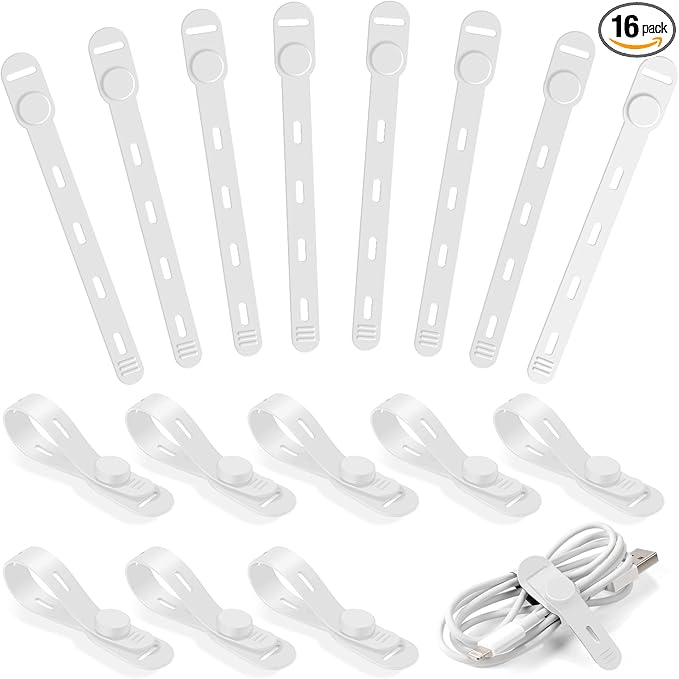 OneLeaf 16Pcs Premium Soft Silicone Cable Ties, Reusable Cord Organizer with Secure Buckle for Phone Charger, Bathroom & Home Organization, Tangle-Free Wire Keepers for Apple Cables - White