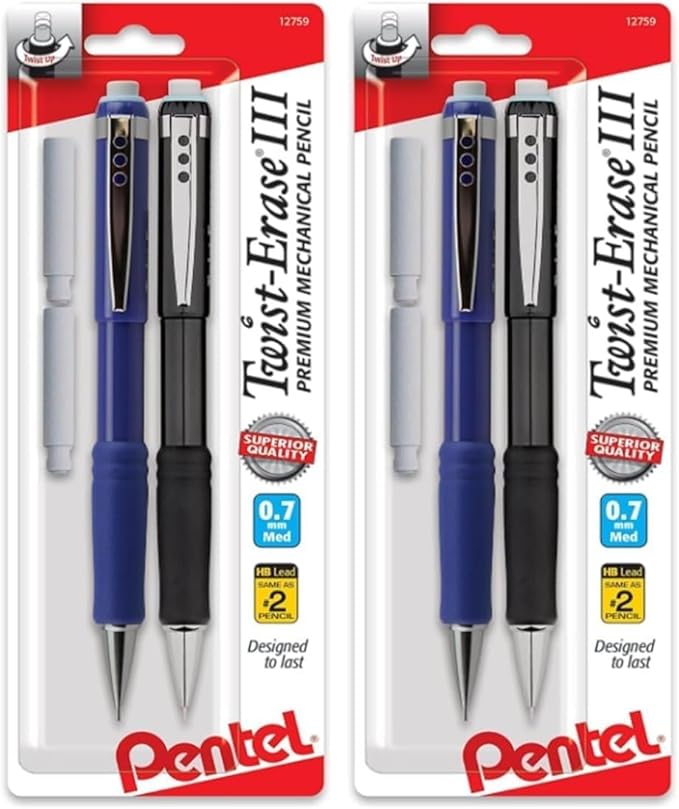 Pentel Twist-Erase III Mechanical Pencil,(0.7mm),Assorted Barrel Colors with 2 Eraser Refills (QE517BP2),(Pack of 4)