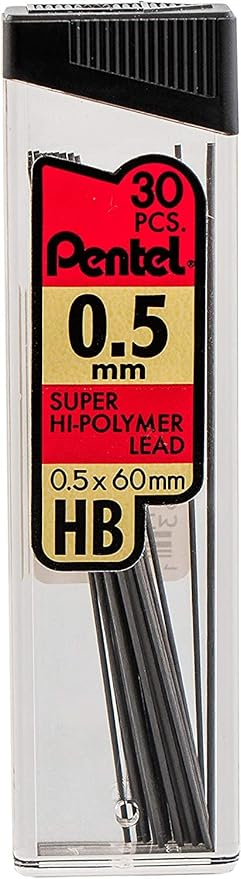 Pentel Super Hi-Polymer HB 0.5 mm Lead Refill Pack - 6 Packs of 30 Leads & 3 Packs of 4 Latex-Free White Erasers - Mechanical Pencil Refills