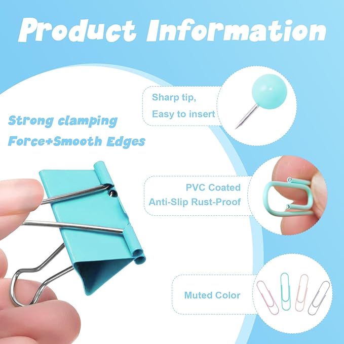 260 Pcs Binder Clips Assorted Sizes & Paper Clips Set with Push Pins | Cute All-in-One Office Supply Kit for School, Home & Desk Organization