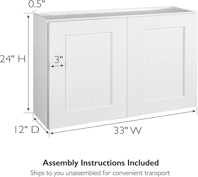 Design House Brookings Shaker Unassembled Wall Kitchen Cabinet W3324, 33 W x 12 D x 24 H, Painted White with Sherwin Williams®, Solid Wood – Design House, 561605