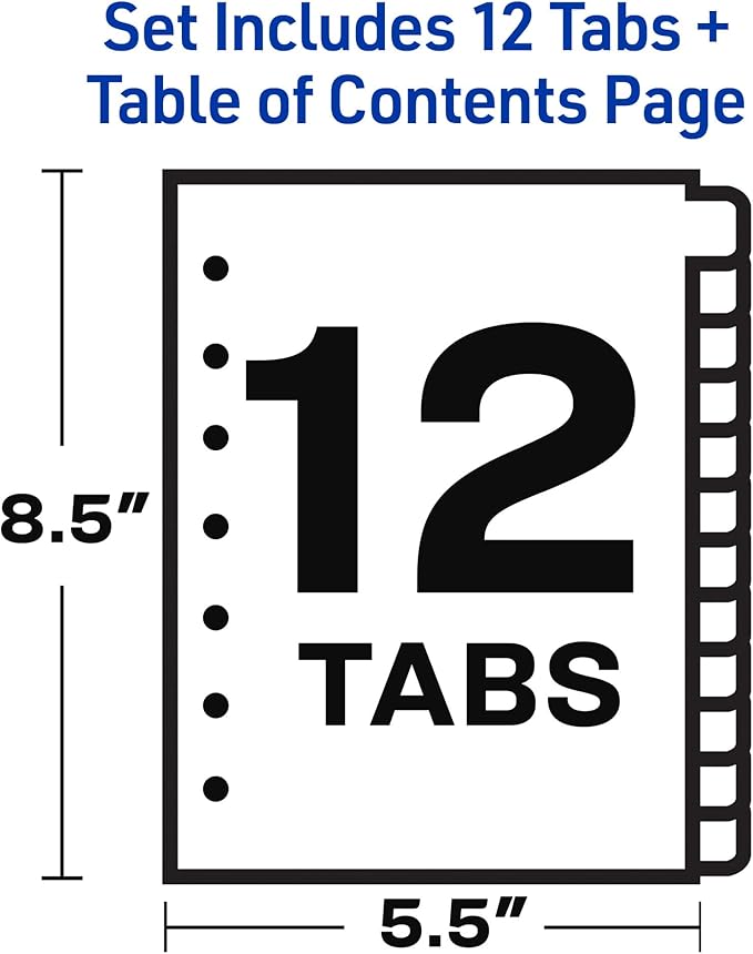 Avery A-Z Mini Dividers for 3 Ring Binders, 12 Tabs per Set, 8.5" x 5.5", Pre-Printed Tabs, 1 Binder Divider Set, Great for Organizing Notes, Projects, Schedules, and More (11313)