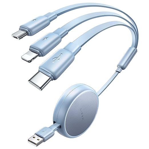 LISEN Multi Charging Cable 3 in 1 iPhone 16 Charger Cord, Retractable Car Charger Type C Cable, Retractable iPhone Charger Cord with Type C/L/Micro USB for iPhone/Samsung/PS/Kindle,Blue