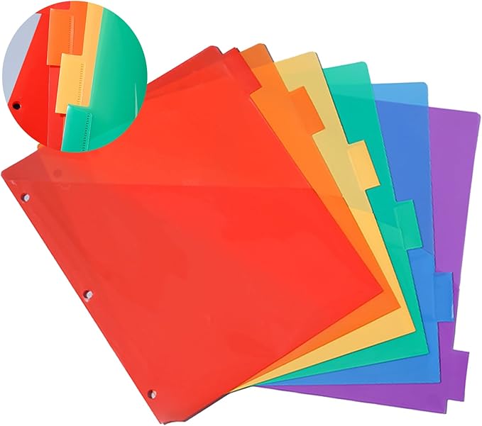 6 Count Binder Dividers with Front Pocket, Plastic Binder with Tabs, 3 Ring Binder Divider Folders, Notebook Dividers Subject Dividers with Pocket