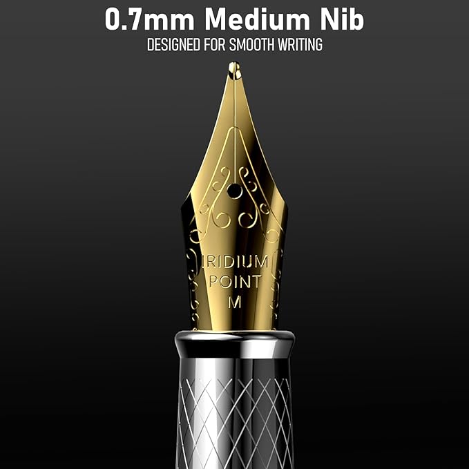 Nicpro Fountain Pen Set with Box, Classic Silver-Gold Fancy Pen with Converter, 0.7mm Medium Nib Smooth Writing Calligraphy, Office, Business, Luxury Gift Pen (Pack of 2)