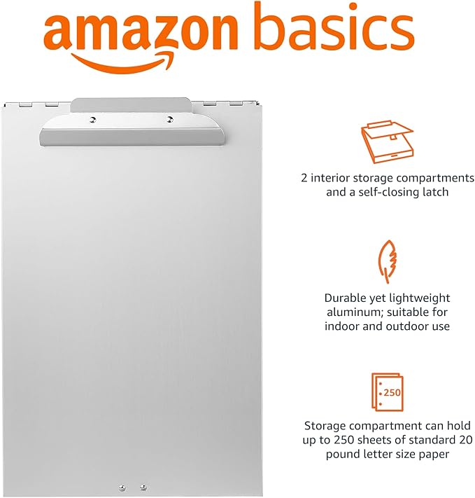 Amazon Basics Metal Clipboard with 2 Compartments, Letter Size, 250 Sheet Storage Capacity, Office Supplies, Silver, 14.09 x 9.21 x 2.6 inches