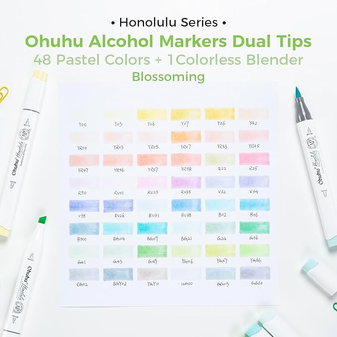 Ohuhu Pastel Alcohol Brush Markers- 48 Colors of Honolulu Blossoming- Alcohol Based Double Tipped Art Marker Set for Artist Adults Coloring Illustration- Brush & Chisel - Refillable - AP Certificated
