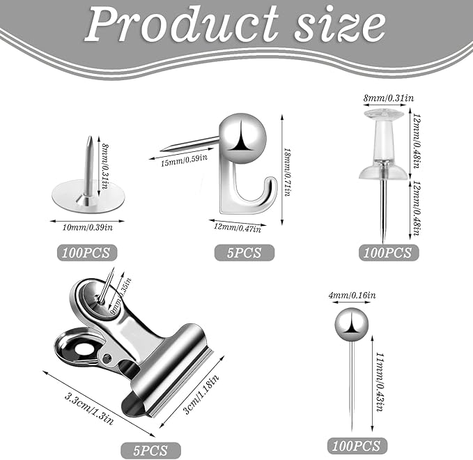 310 Pcs Silver Push Pins Set, Thumb Tacks Decorative Push Pins for Cork Board with Push Pin Hook Pushpin Clip 5 Style Office Accessories for Cork Board Map Office (Silver)