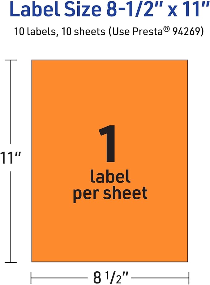 Avery Printable Sticker Paper, 8-1/2" x 11", Full-Sheet Labels, Bright Orange Labels, Laser/Inkjet Printable, 10 Total, Great for Packaging and Stickers
