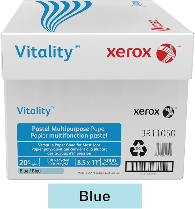 Xerox® Vitality™ Pastel Color Multi-Use Printer & Copy Paper, 10 Reams, Blue, Letter (8.5" x 11"), 5000 Sheets Per Case, 20 Lb, FSC® Certified, 30% Recycled