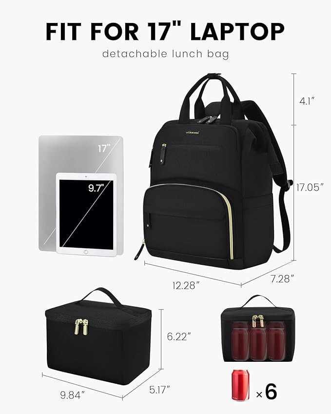 LOVEVOOK Lunch Backpack for Women, 17 Inch Laptop Bag with Insulated Cooler Lunch Box, Work Backpack for Teacher Nurse, Travel Backpacks Lunch Bag for Camping Picnic Daily Use